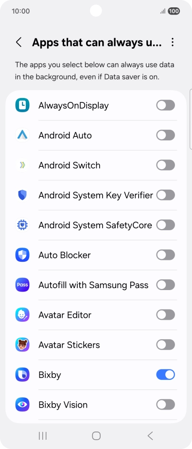Press the indicators next to the required apps to turn the function on or off.