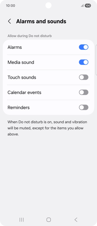 Press the required settings to turn sound and vibration for the selected functions on or off. Press the required settings to turn sound and vibration for the selected functions on or off.