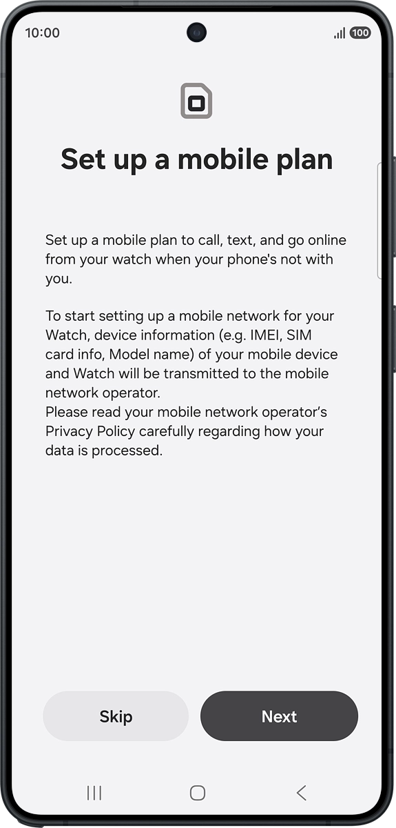 On your phone: Press Next and follow the instructions on the screen to set up mobile data.