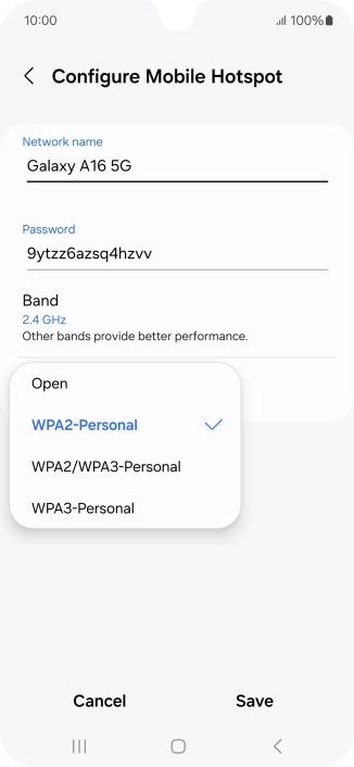 Press WPA3-Personal to password protect your Wi-Fi hotspot.
