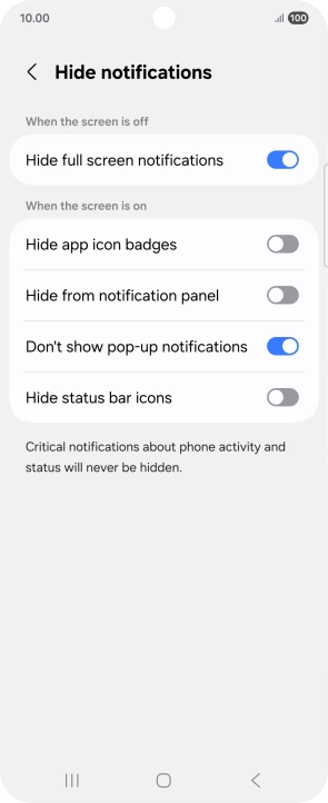 Press the indicators next to the required settings to turn display of the selected notification types on or off.