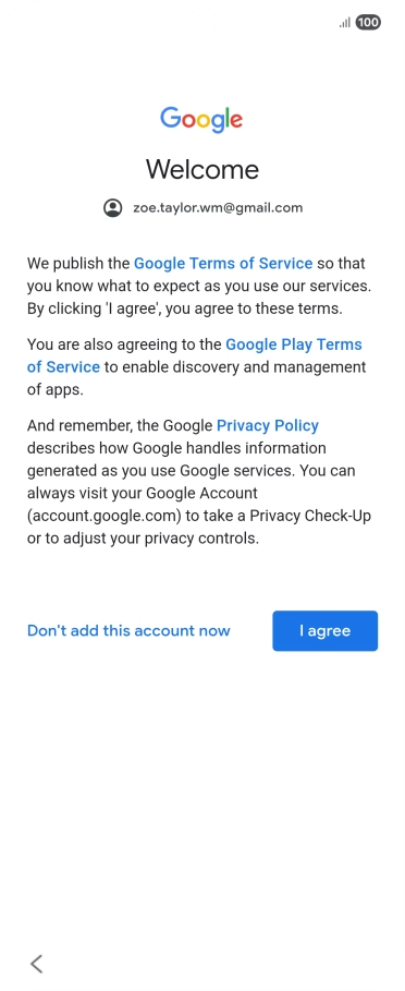 Press I agree and follow the instructions on the screen to select settings for your Google account.