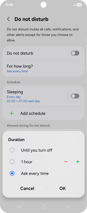 Press the required setting.