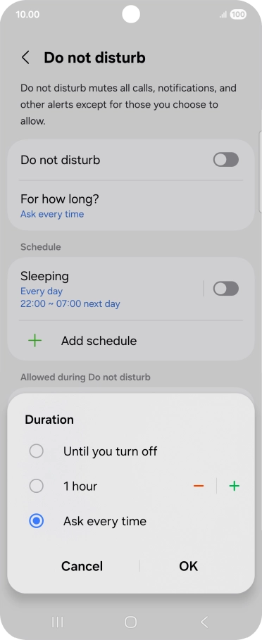 Press the required setting.