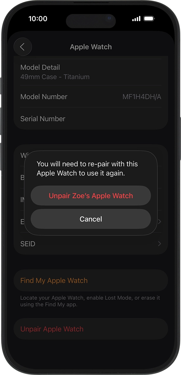 On your phone: Press Unpair Apple Watch and follow the instructions on the screen to unpair your Apple Watch and your phone. When prompted, key in the password for your Apple ID.