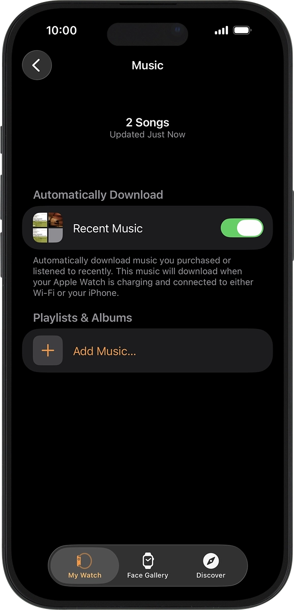 On your phone: Press Add Music... and go to the required playlist or album.