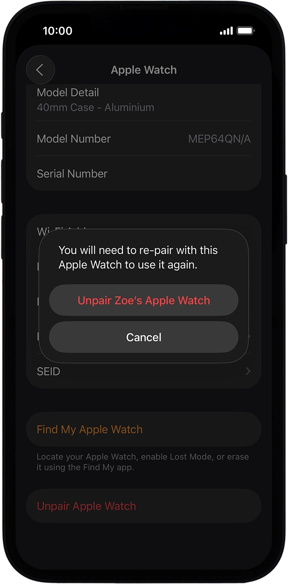 On your phone: Press Unpair Apple Watch and follow the instructions on the screen to unpair your Apple Watch and your phone. When prompted, key in the password for your Apple Account.