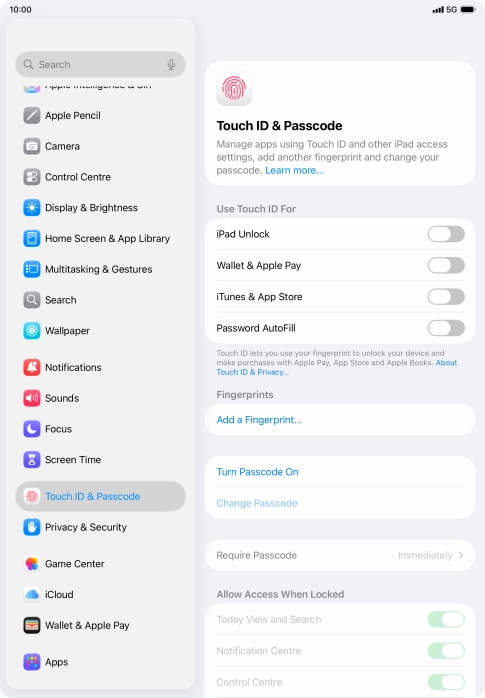 Press Turn Passcode On and key in a lock code of your own choice twice.