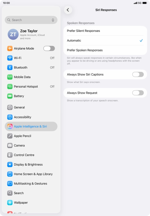 Press the required setting.