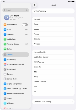 Your tablet's EID number is displayed below EID.