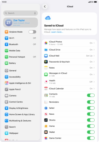 Press the indicators next to the required data types to turn synchronisation of each data type on or off.