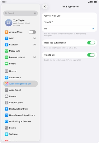 Press the required setting to turn the function on or off. If you turn on the function, you need to follow the instructions on the screen to set up Siri to recognise your voice.