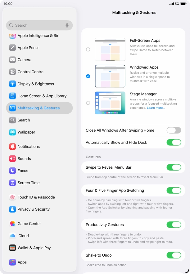 Press the indicators next to the required settings to turn them on or off.