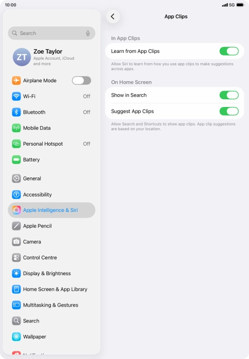 Press the indicators next to the required settings to turn them on or off.