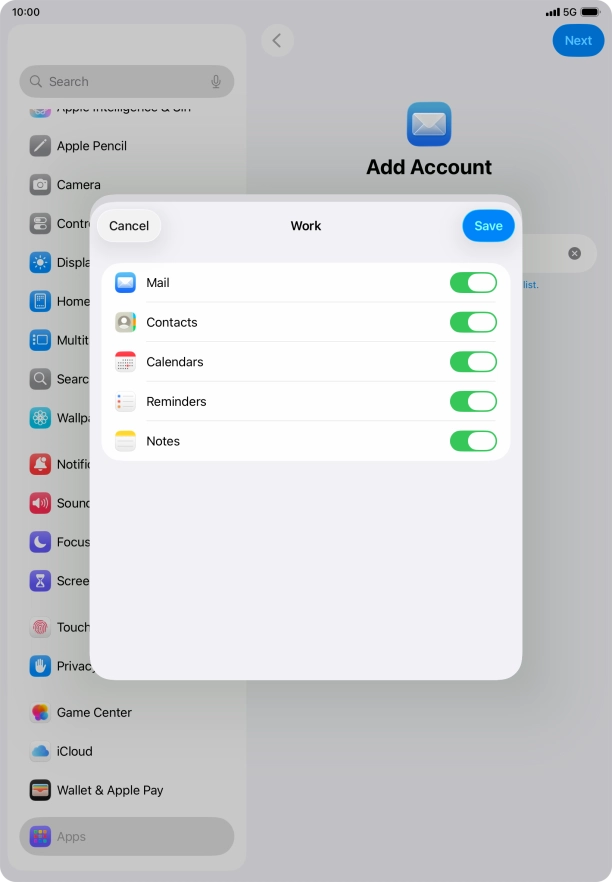 Press the indicators next to the required data types to turn synchronisation of each data type on or off.