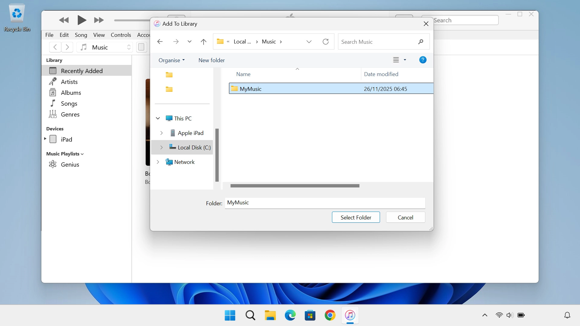 Go to the required file or folder in your computer's file system and follow the instructions on the screen to add a file or folder to the iTunes library.