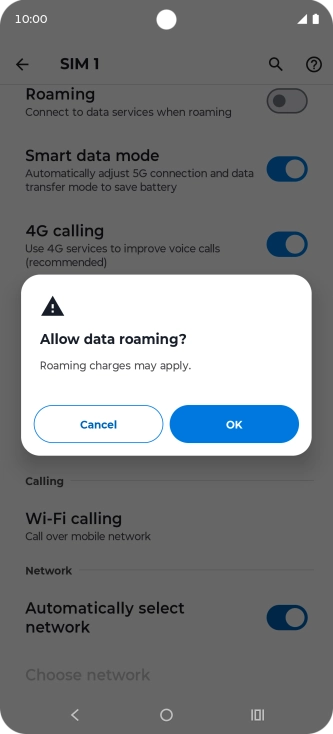 If you turn on data roaming, press OK.