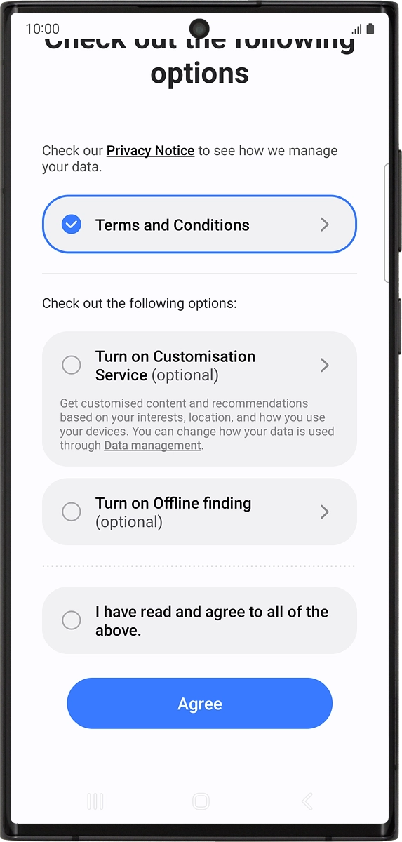 On your phone: Follow the instructions on the screen to select the required settings and press Agree.