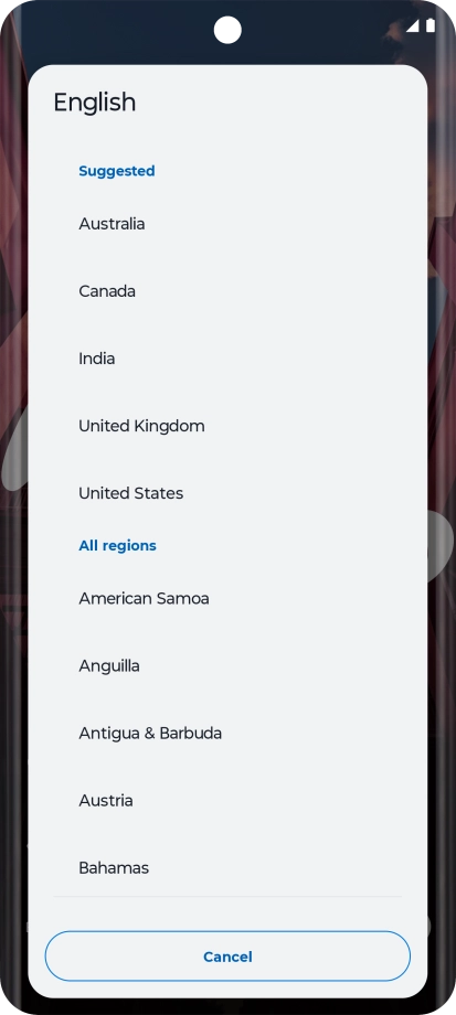 Press the required country or area. Press the required country or area.