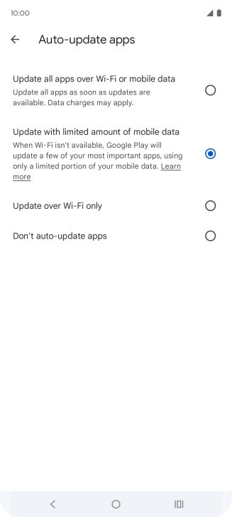 To turn on automatic update of apps using mobile network, press Update all apps over Wi-Fi or mobile data. To turn on automatic update of apps using mobile network, press Update all apps over Wi-Fi or mobile data.