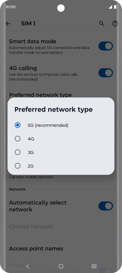 Press the required network mode.