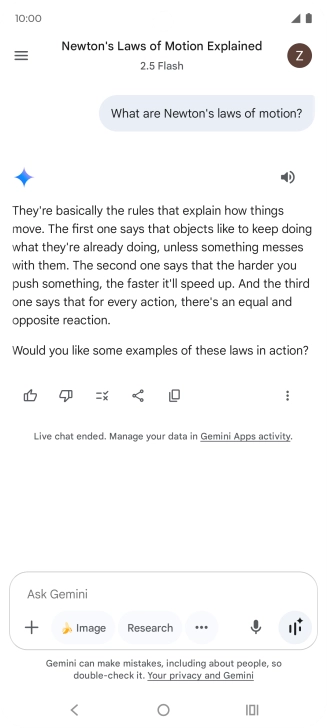 Transcription of the conversation with Gemini Live is now displayed.