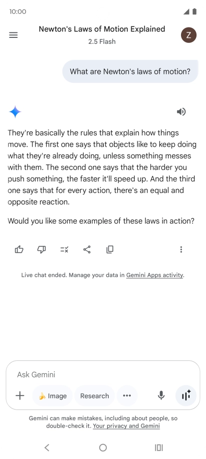Transcription of the conversation with Gemini Live is now displayed.