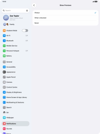 To select notification preview on the lock screen, press Always.