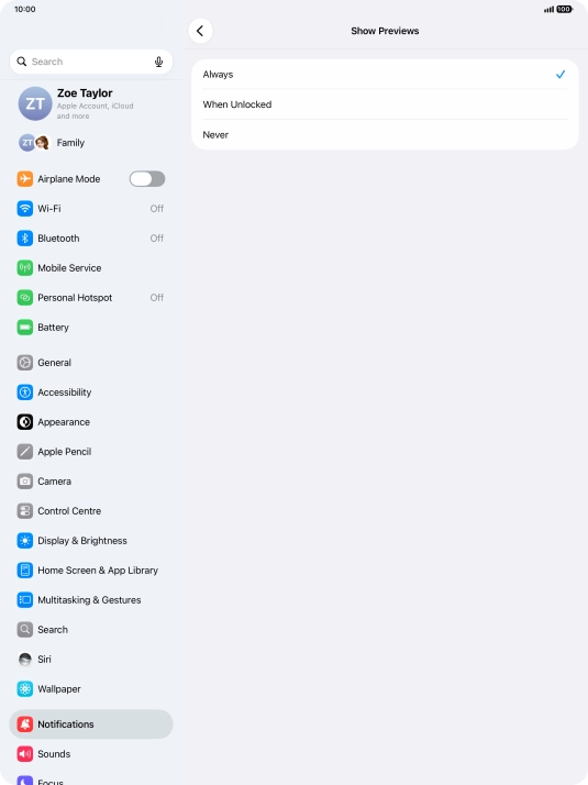 To select notification preview on the lock screen, press Always.