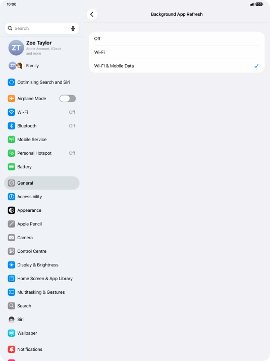 To turn off background refresh of apps, press Off.