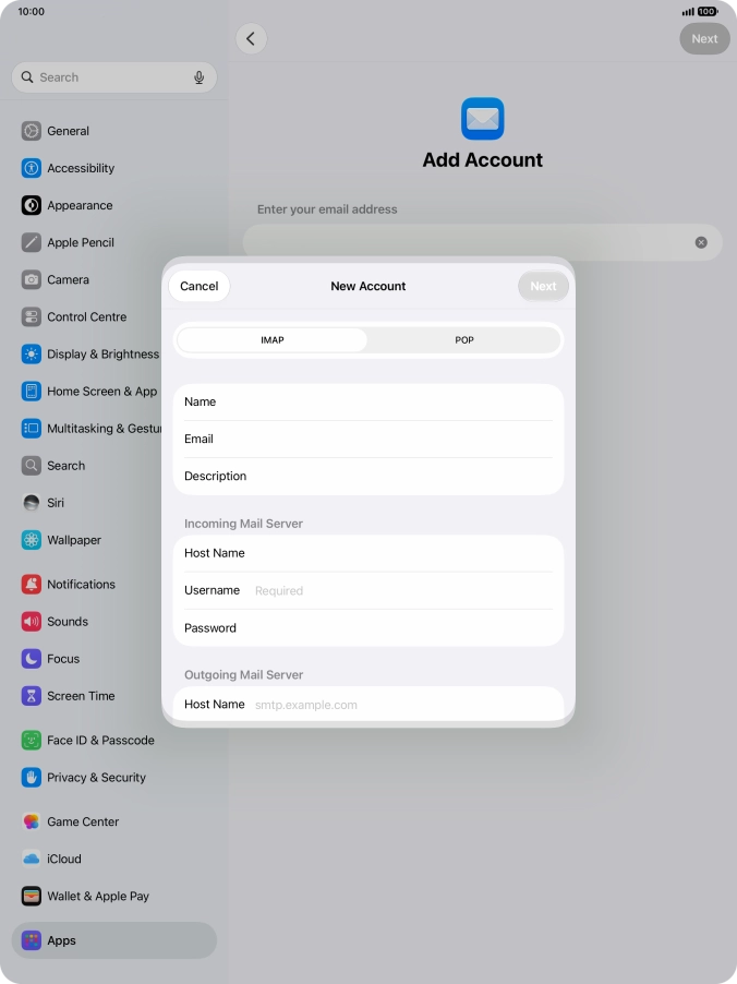 Press Username and key in the username for your email account.