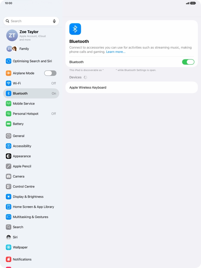 Press the required Bluetooth device and follow the instructions on the screen to pair the device with your tablet.