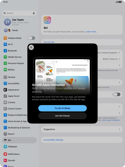 Press Try Siri AI and follow the instructions on the screen to turn on the function.