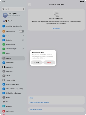 Press Reset. Wait a moment while the factory default settings are restored. Follow the instructions on the screen to set up your tablet and prepare it for use.