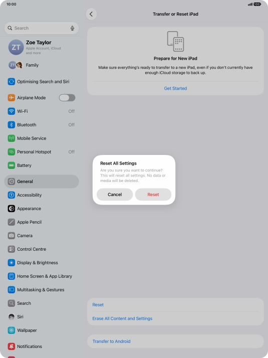 Press Reset. Wait a moment while the factory default settings are restored. Follow the instructions on the screen to set up your tablet and prepare it for use.