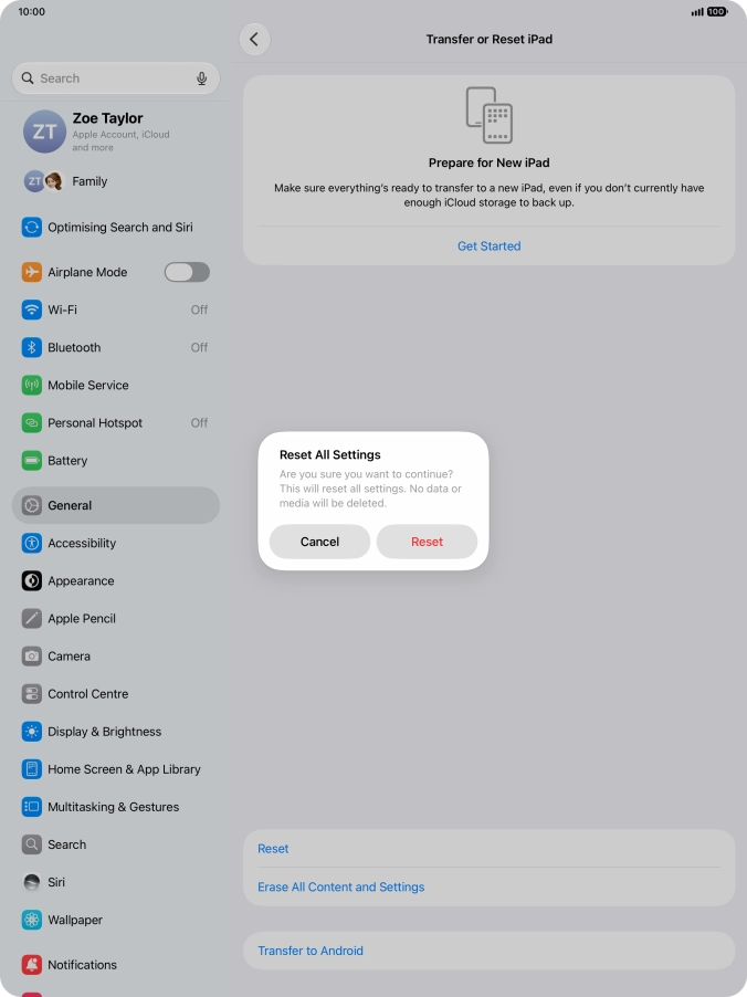 Press Reset. Wait a moment while the factory default settings are restored. Follow the instructions on the screen to set up your tablet and prepare it for use.