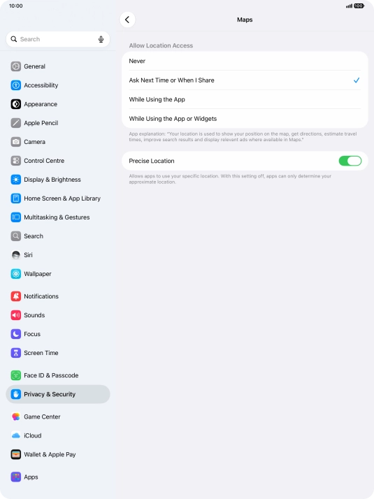 Press the required setting to turn the function on or off.