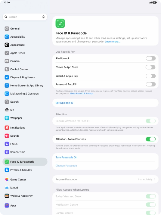 Press Turn Passcode On and key in a lock code of your own choice twice.