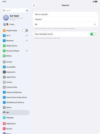 Press the required setting to turn the function on or off. If you turn on the function, you need to follow the instructions on the screen to set up Siri to recognise your voice.