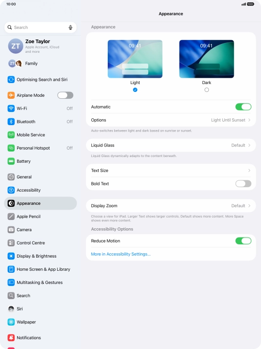 If you turn on the function, press Options and follow the instructions on the screen to select the required period of time for Dark Mode.
