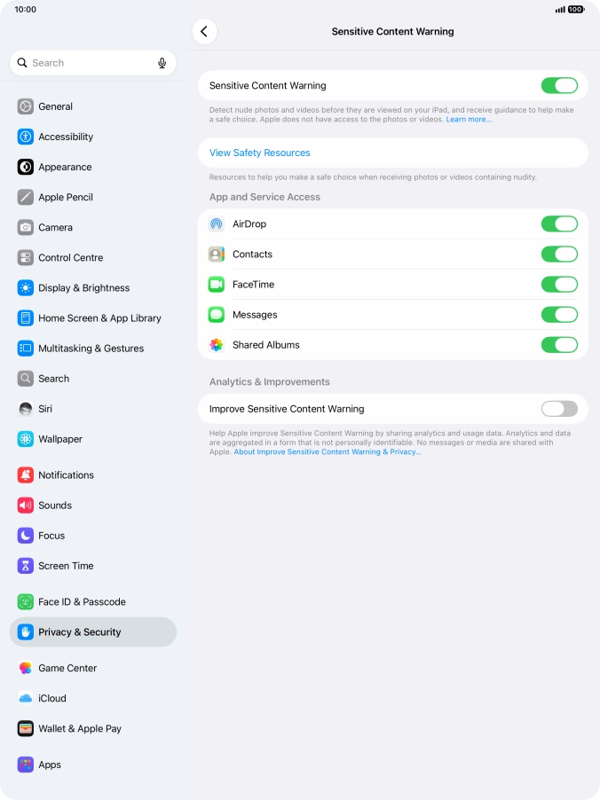 Press the indicators next to the required applications to turn the function on or off.