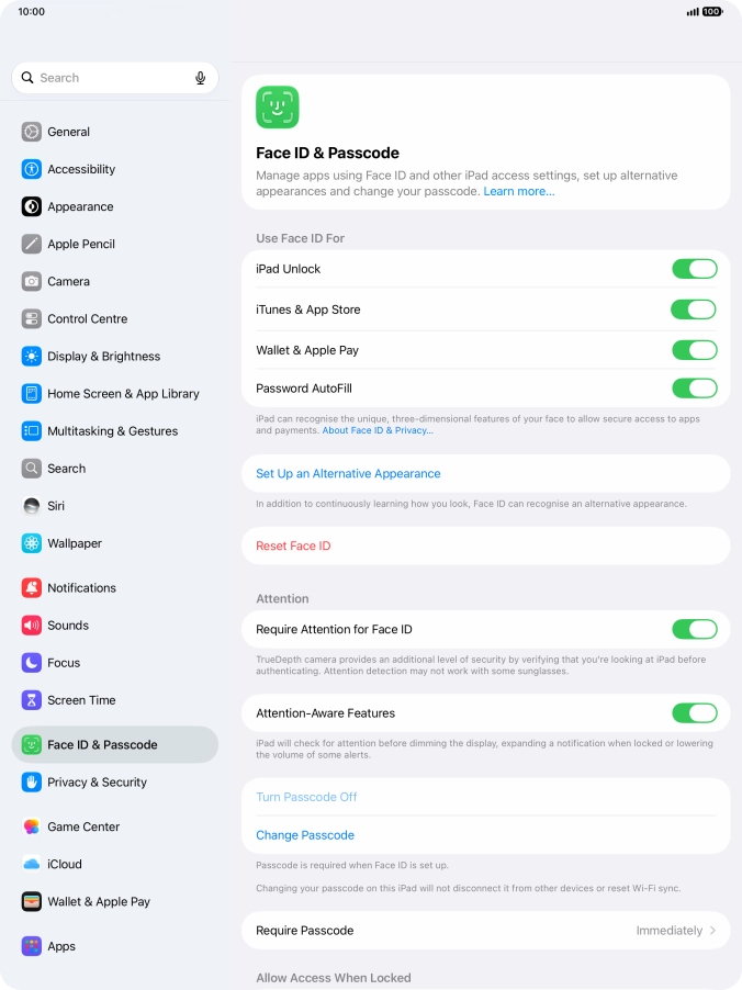 Press the indicators next to the required settings to turn them on or off.