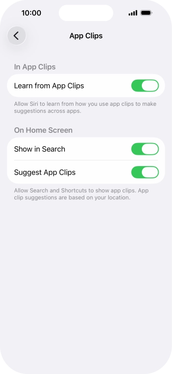Press the indicators next to the required settings to turn them on or off.