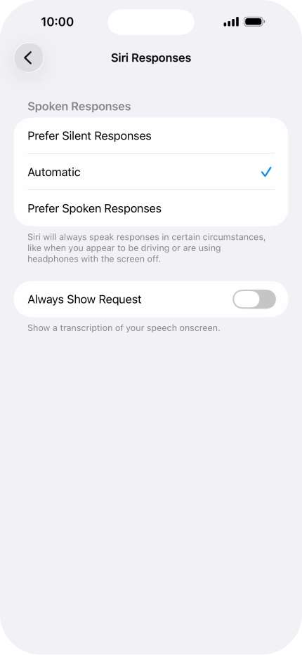 Press the required setting.
