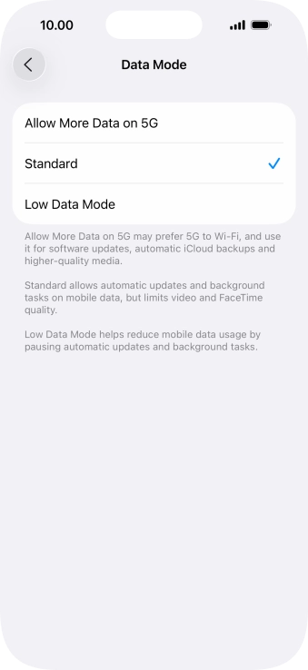 Press the required setting.