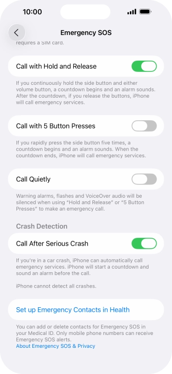 Press Set up Emergency Contacts in Health and follow the instructions on the screen to key in your emergency info and emergency contacts. Press Set up Emergency Contacts in Health and follow the instructions on the screen to key in your emergency info and emergency contacts.