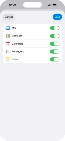 Press the indicators next to the required data types to turn synchronisation of each data type on or off.