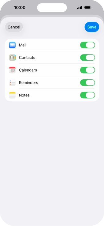 Press the indicators next to the required data types to turn synchronisation of each data type on or off.