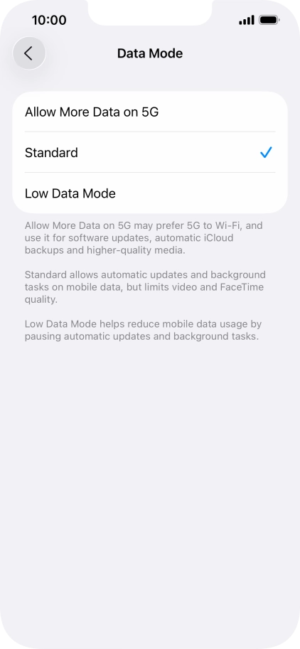 Press the required setting.