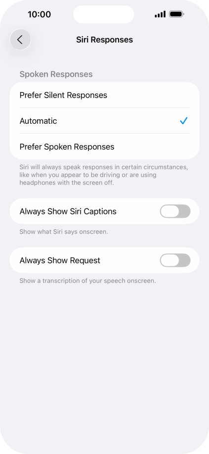 Press the required setting.